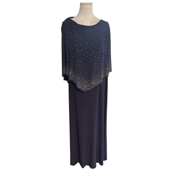 OLEG CASSINI Jersey Cape‎ Gown Sparkle Embellishment 20 20W Wedding Party Blue - Picture 4 of 11